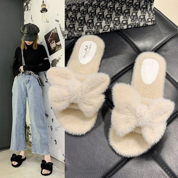 

autumn winter slippers furry slides for women shoes woman solid bow knot warm cute plush cotton fur plus size, Black