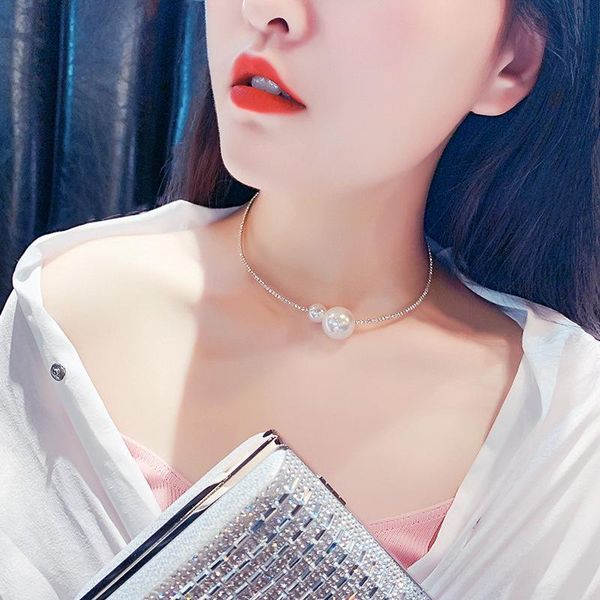 

chains full drill size pearl opening collar for female japanese and korean web celebrity short style necklace personality choker neck w, Silver