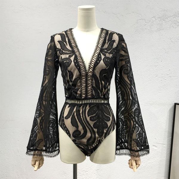 

women's jumpsuits & rompers hollow out lace long sleeve women transparent mesh bodysuit female clothes slim fit fashion minimalist over, Black;white