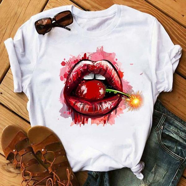 

korean styles beautiful lipstick women t shirt graphic tees clothes lips makeup art summer tee top, White