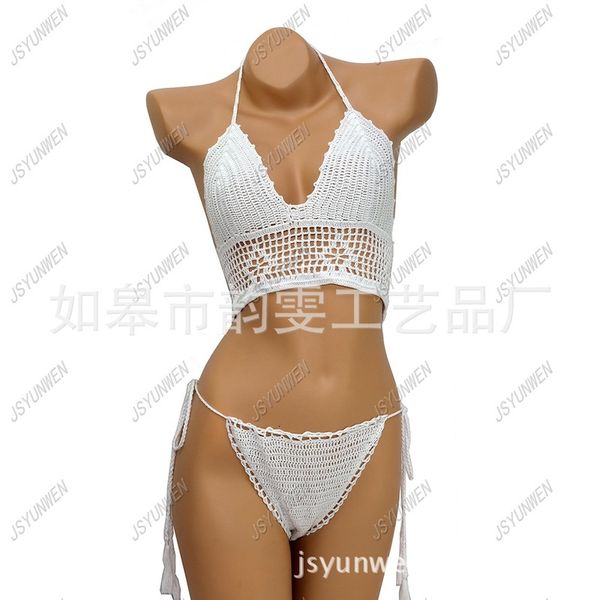 

Sexy Cotton Hand Hook Hollow Knitting Bohemian Style Crochet Love Suspender Bikini Suit, White;black