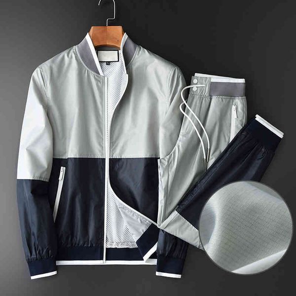 

tracksuit shirt stand collar mens sets (jacket+pants) luxury autumn yarn dye plaid men jackets plus size 4xl elastic waist sport man pant, Gray