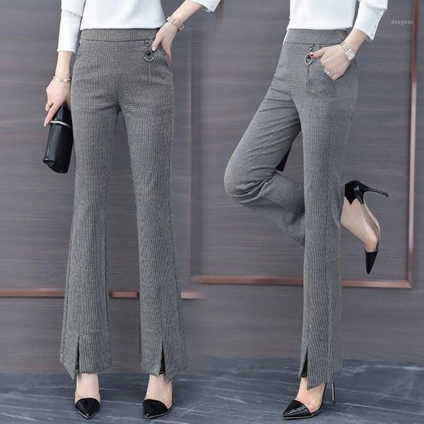 

women's pants & capris 2021 spring summer women elastic high waist elegant trousers female grey plaid office ladies skinny flare c108, Black;white