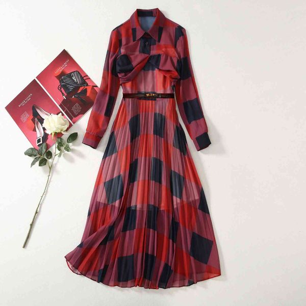 

casual dresses new european and american women's dresses for spring long sleeve lapel check print fashionable pleated belt dress 2kj4, Black;gray