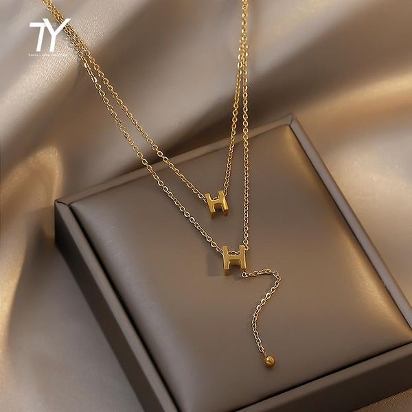 

pendant necklaces classic h-letter double-layer titanium steel necklace korean fashion jewelry gothic girl's clavicle chain for woman c, Silver
