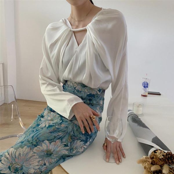 

women's blouses & shirts xuxi halter, v-neck, irregular, pleated, pullover, shirt, women, streetwear, fashion, stitching, spring autum, White