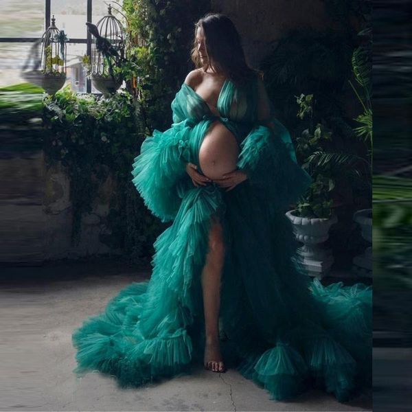 

see thru tulle maternity dress for poshoot or babyshower long sleeves ruffled women robes shooting green casual dresses, Black;gray