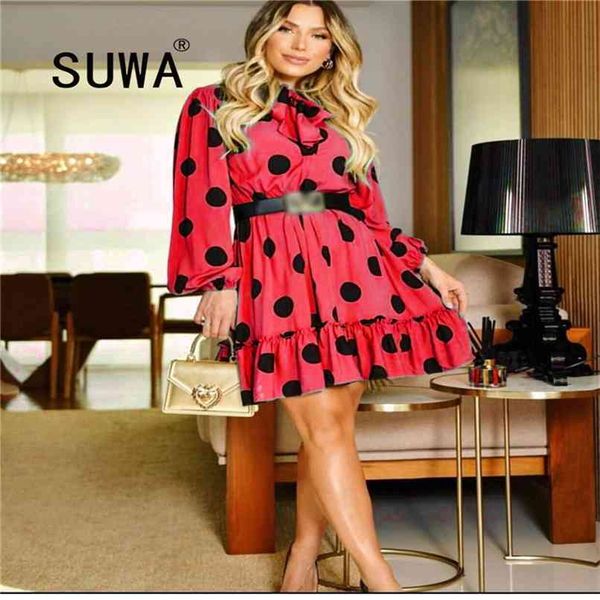 Abito da ufficio africano primaverile Moda donna A Line Retro Circle Wave Dot Very Fairy Papillon manica lunga con cintura 210525