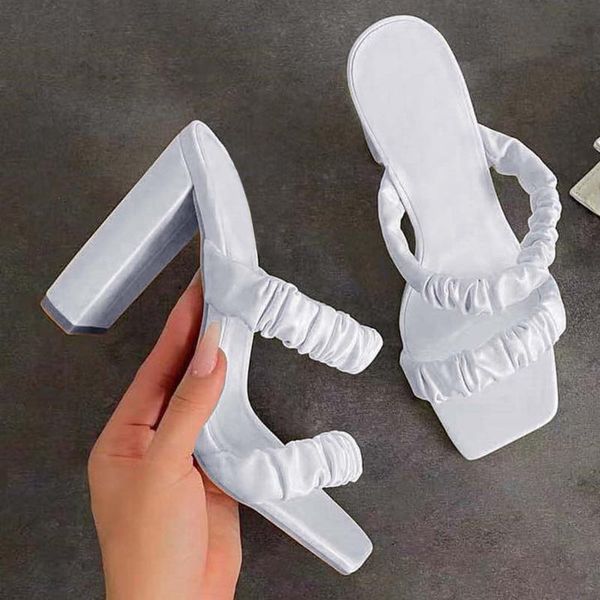 

women's sandals fashion solid color pleated high heels square toe with large size flip flops slides summer beach #, Black