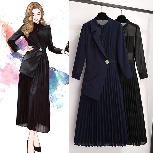 

fashion plus size women's spring summer blazer dress 2021 dresses temperament long sleeve pleated 213b casual, Black;gray