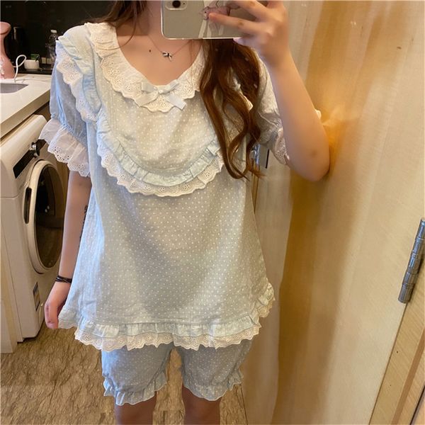 

sleepwear princess sweet chic summer short sleeves ruffles dots nightwear two pieace suits homewear casual loose pajamas sets, Black;red