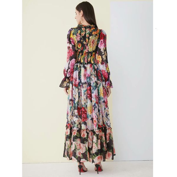 

dress seqinyy chiffon stylish 2021 summer fashion design draped elastic waistband manga flowers printed long, Black;gray