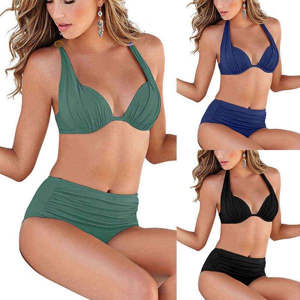 

designer women's swimwear bikini 2022 swimsuit fold steel support bikini plain high waist bikini swimsuit female zaful, White;black