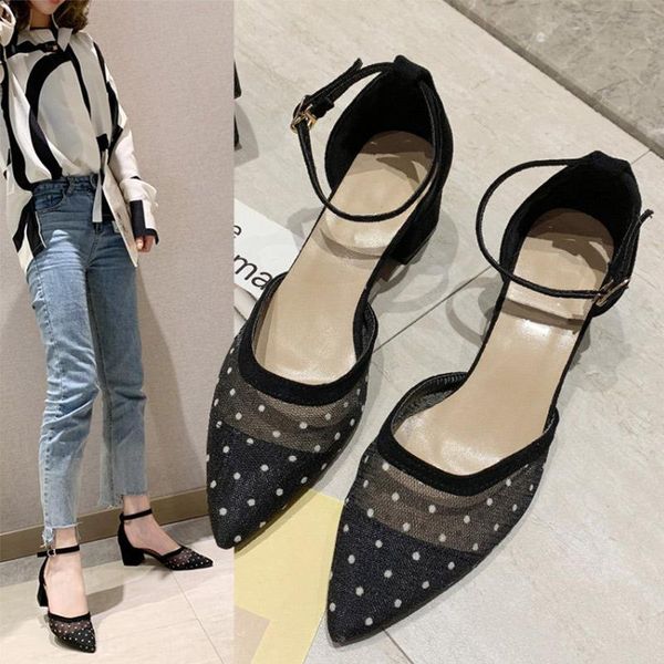 

dress shoes female women pumps mesh pointed toe polka dot ankle buckle strap breathable high heel casual ladies footwear, Black