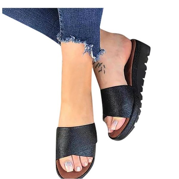 

slippers womens fashion wedges shoes open toe thick bottom roman beach sandals black simple slope heel increased lady