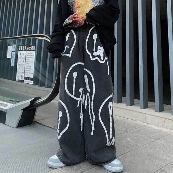 

pantalon pour femme hip hop skull face print baggy jeans men straight denim cargo pants oversized black women jeans 211111, Blue