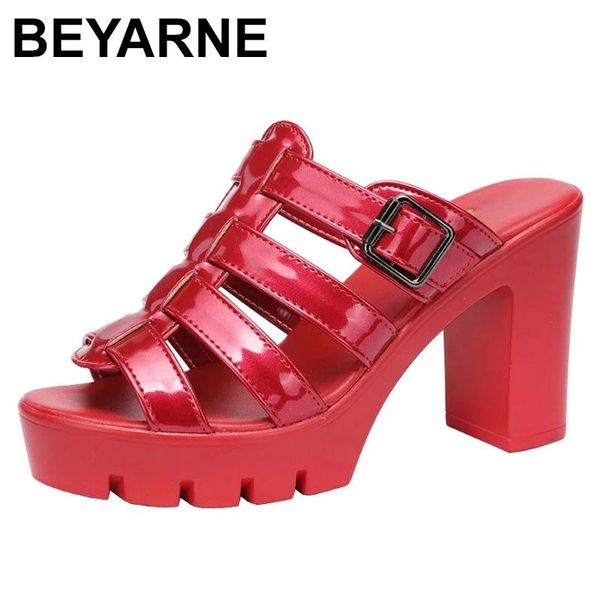 

peep toe high heels slides patent leather women shoes summer 2021buckle platform slippers ladies office party plus size, Black