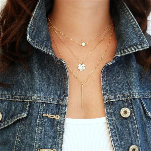 

pendant necklaces multi-layer bar necklace geometric crystal sequin v shape choker clavicle chain for women girls, Silver