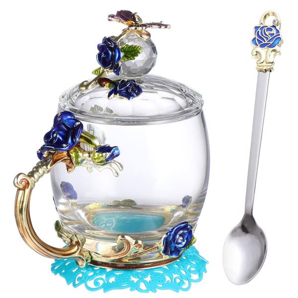 

mugs fashion enamel water cup set home flower design glass mug (short blue)