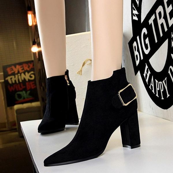 

boots shoes women booties autumn winter chunky high heels ankle pointed toe buckle strap botas mujer, Black