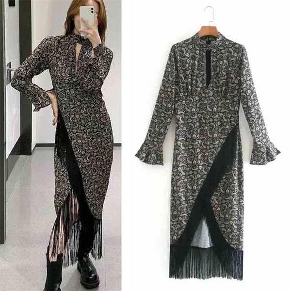 

autumn fringed printed midi dress women vintage pleated high neck ruffle long sleeve dresses ladies elegant 210519, Black;gray