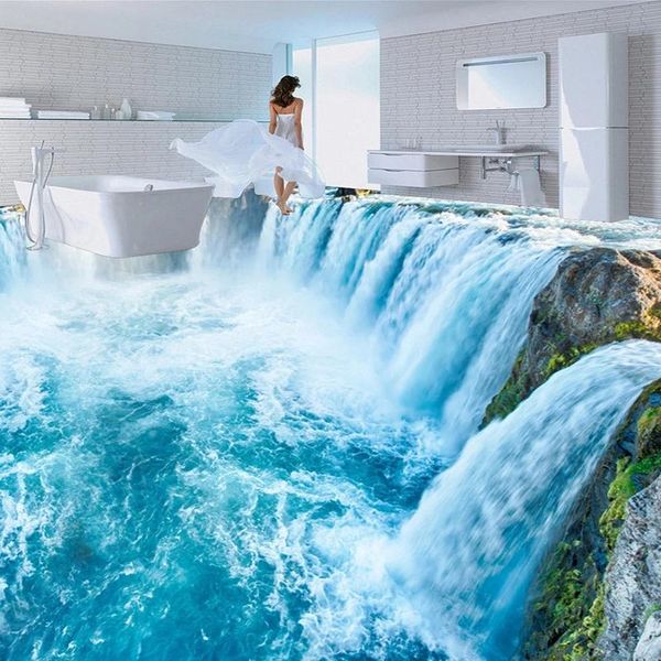 

custom po self adhesive wallpaper 3d waterfalls landscape floor tiles murals sticker bathroom bedroom waterproof wear wallpapers
