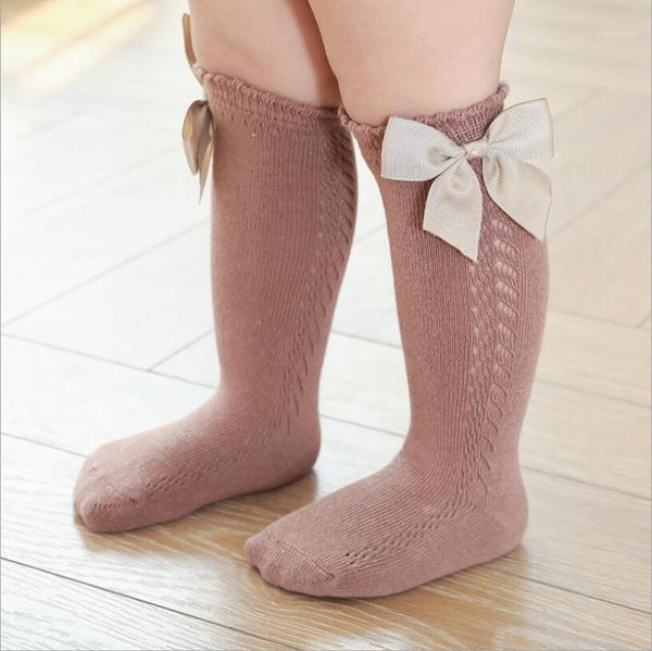

soft breathable girls mesh bow socks summer cozy cotton infant kids knee high long for toddler socken, Pink;yellow