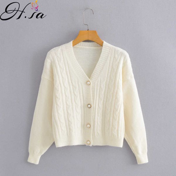 

hsa winter fall european and american summer wind women's v-neck twist cardigan pearl buckle sweater 9734 210716, White;black