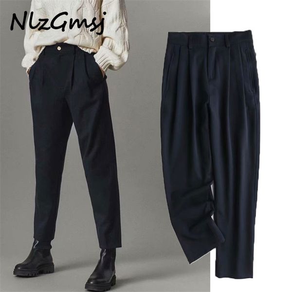 

pant women elegant office wear pleated wide leg pants vintage high waist side pockets female trousers mujer 210628, Black;white