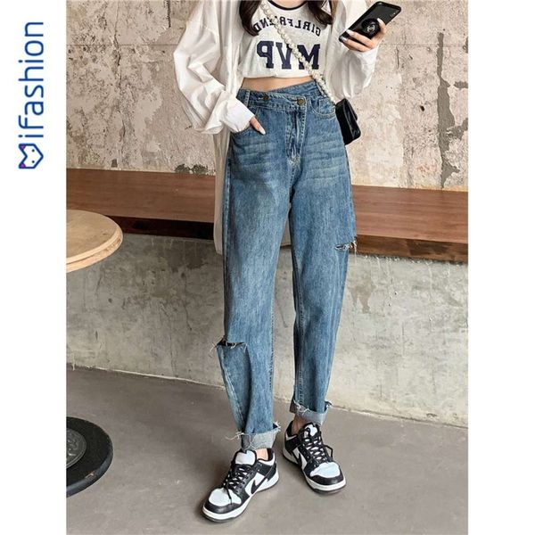 

-diagonal buckle beggar hole female summer jinda fat sister loose high waist wide leg pants, Blue