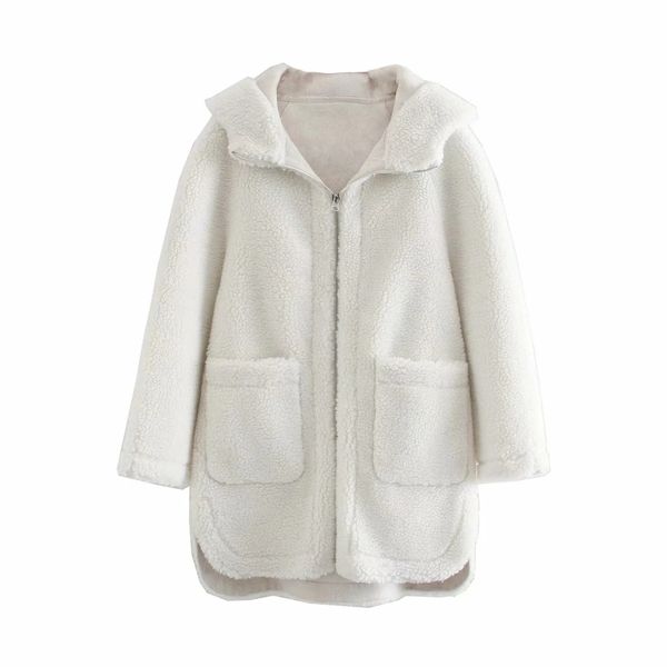 

winter women fashion chic white thick fur hooded coat female pockets zipper long jacket girls casual outerwear, Black
