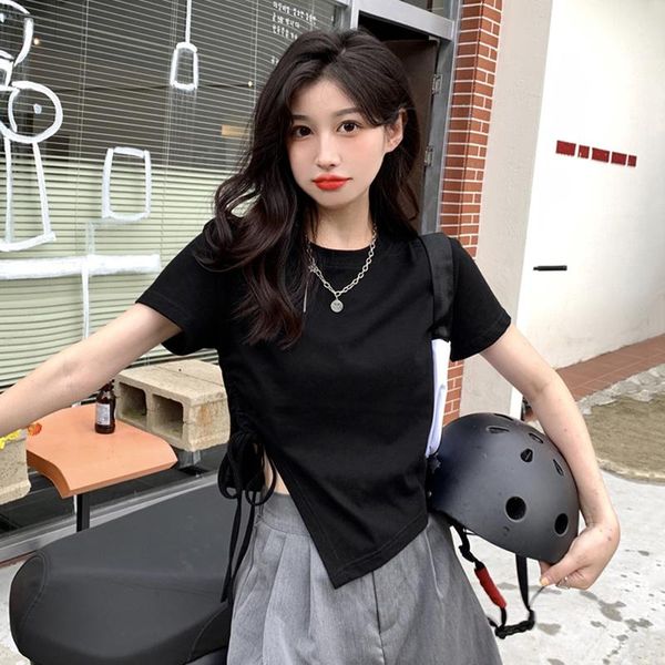 

women's t-shirt sweet cool t shirt irregular drawstring summer 2021 short sleeve tshirt thin and spicy clothes, White