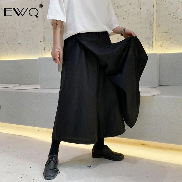 

men's pants ewq / 2021 fashion autumn japanese asymmetric wide leg ankle-length pant punk style elastic waist casual tide trousers 9a10, Black