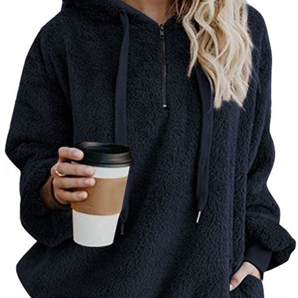 

2021 winter long sleeve zipper hooded solid color women's sweater, Black