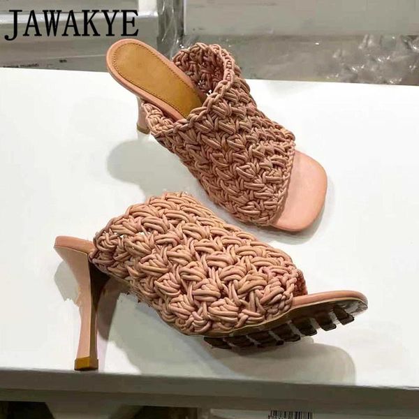 

cross woven high heels leather mules sandals women square toe pink braided slippers designer brand shoes woman party, Black