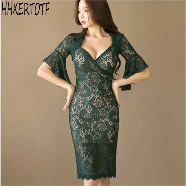 

summer fashion women pencil bodycon dres v-neck sheath vestidos lace dresses 210531, Black;gray