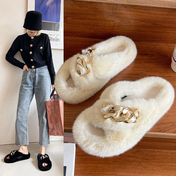 

slippers warm fluffy home faux fur fashion cozy floor houes flip flops flat soft furry women's shoes winter 2021, Black