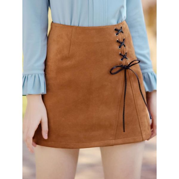 

skirts autumn fashion ladies' wear,side stealth zipper,bandage,pure color suede fabric a-line skirt.sweet and mini skirt., Black