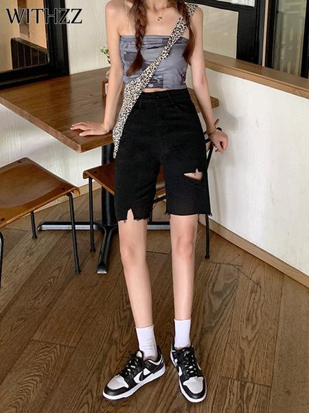 

women's jeans withzz summer straight hole high-rise female denim shorts, Blue