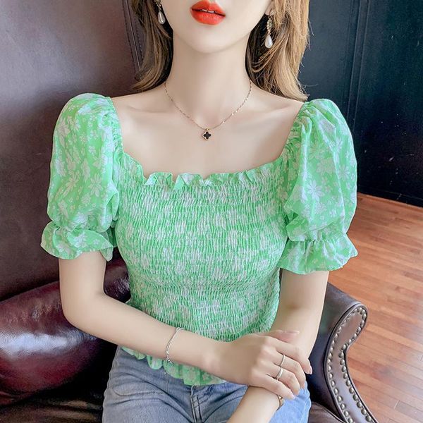 

women's blouses & shirts floral blouse women 2021 summer short one-shoulder square collar short-sleeved chiffon shirt folds ruffle, White