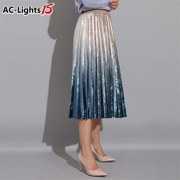 

spring autumn winter high waist long skirt's a-line patchwork pleated skirt velvet for women gradient color ac 211214, Black