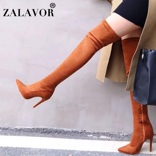 

boots zalavor women thin heels zipper over the knee for pointed toe suede leather footwear size 31-43, Black