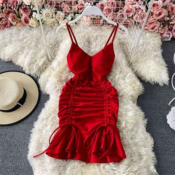 

summer spaghetto strap pleated mini dress women v-neck drawstring vestidos vacation beach solid bodycon vestido 210519, Black;gray