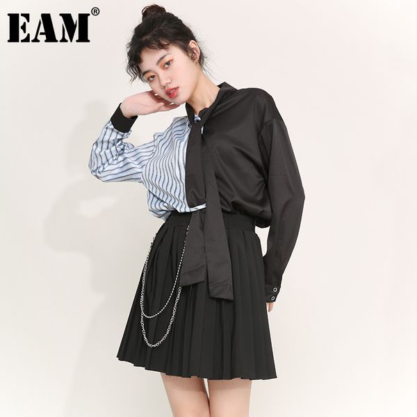 

[eam] women blue striped split big size blouse bow collar long sleeve loose fit shirt fashion spring autumn 1x73901 21512, White