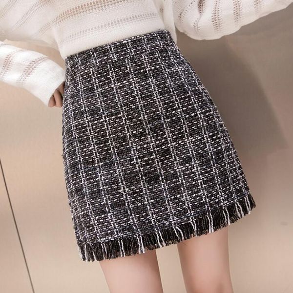 

skirts high waist plaid short mini skirt casual women office lady buttoms slim bodycon a-line tassel vintage retro 2021, Black