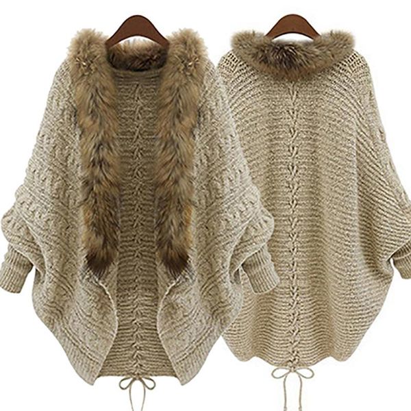 Kadın Sweaters Moda Kadınlar Sahte Kürk Yakası Batwing Kollu Gevşek Sıcak Sıcak hırka Sweater