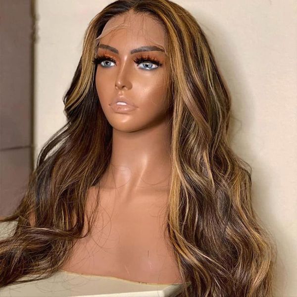 

lace wigs highlight ombre blonde remy body wave 13x4 front human hair wig for black women with babyhair preplucked brazilian glueless, Black;brown