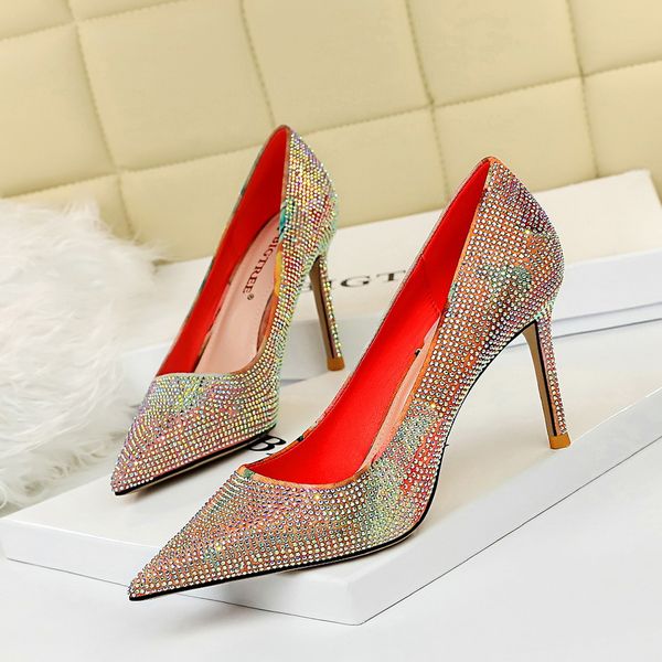 

fashion brand heels rhinestone shoes pointed head pumps women shoes 2021 crystal party high heels, Black