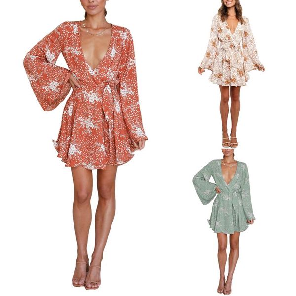 

casual dresses imcute bohemian floral print flare sleeve dress women's deep v tie long summer ruffled loose a-line, Black;gray
