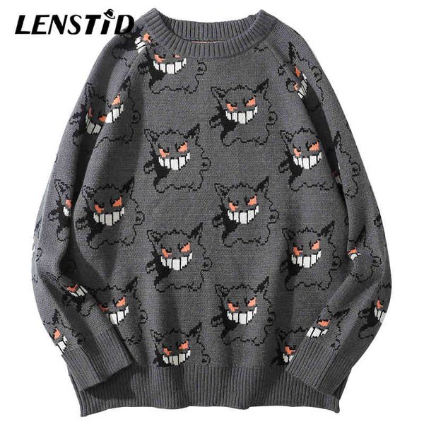 

lenstid men hip hop oversized knitted jumper sweaters devil printed streetwear harajuku 2021 autumn loose casual pullovers, Black
